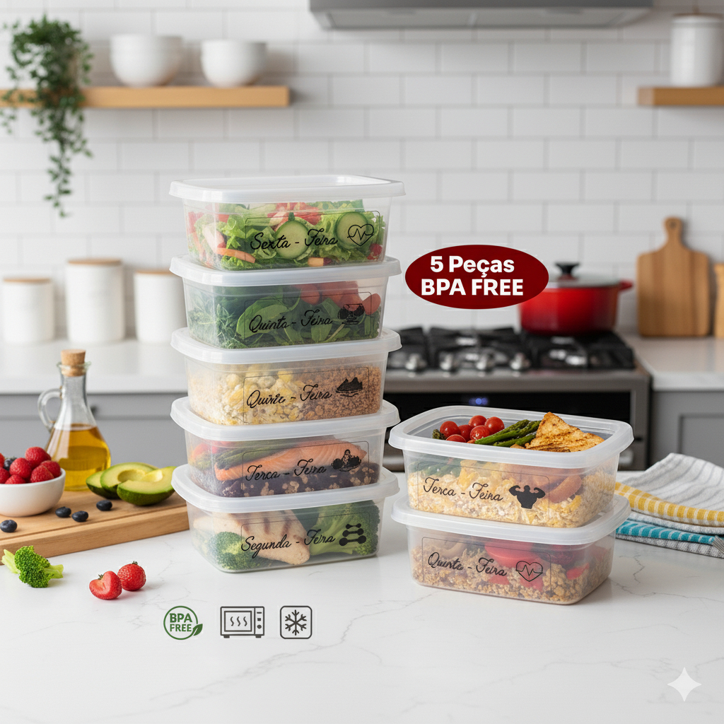 Kit Potes 500ml Marmita Fitness (10un) | BPA Free, Retangular, Transparente - Do Freezer ao Microondas em Oferta na Shopee