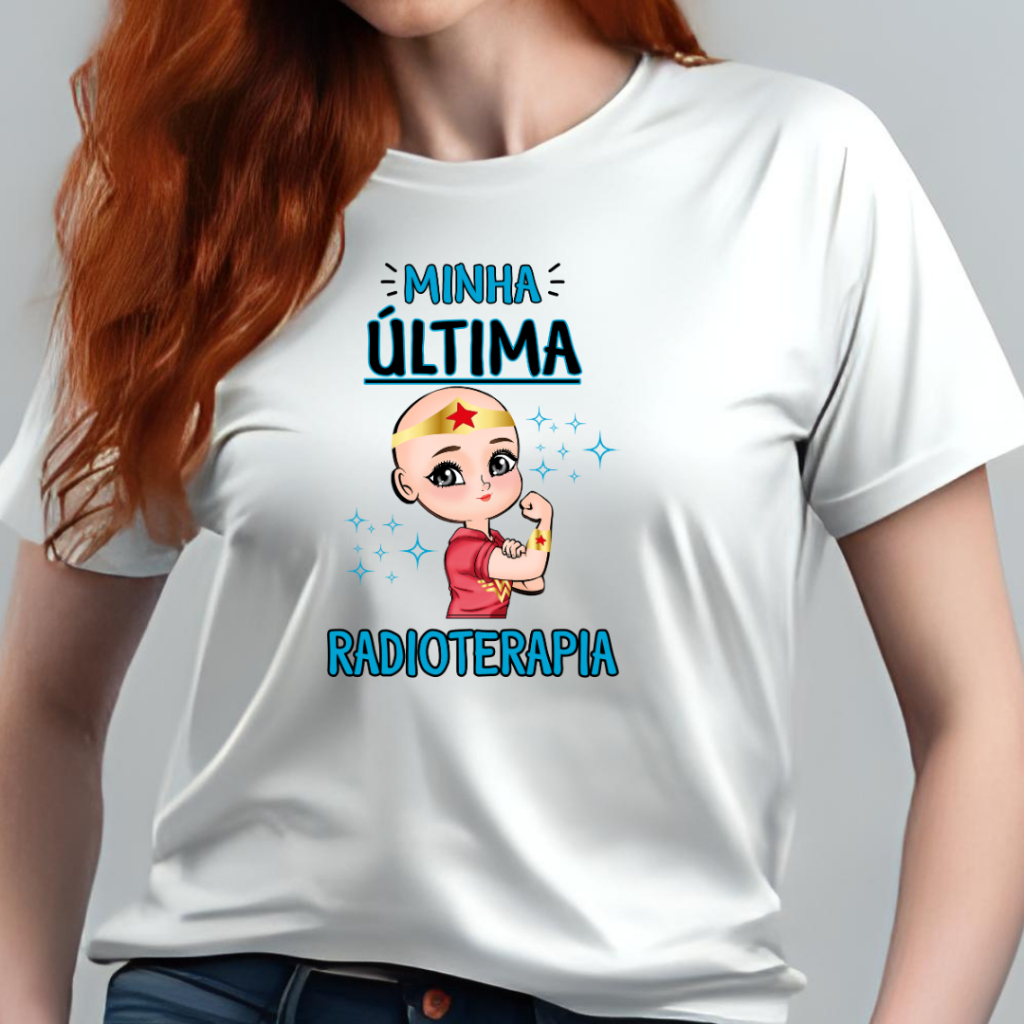 Camiseta Adulto Minha última RADIOTERAPIA - Mulher Maravilha Azul Quimioterapia ZLprint
