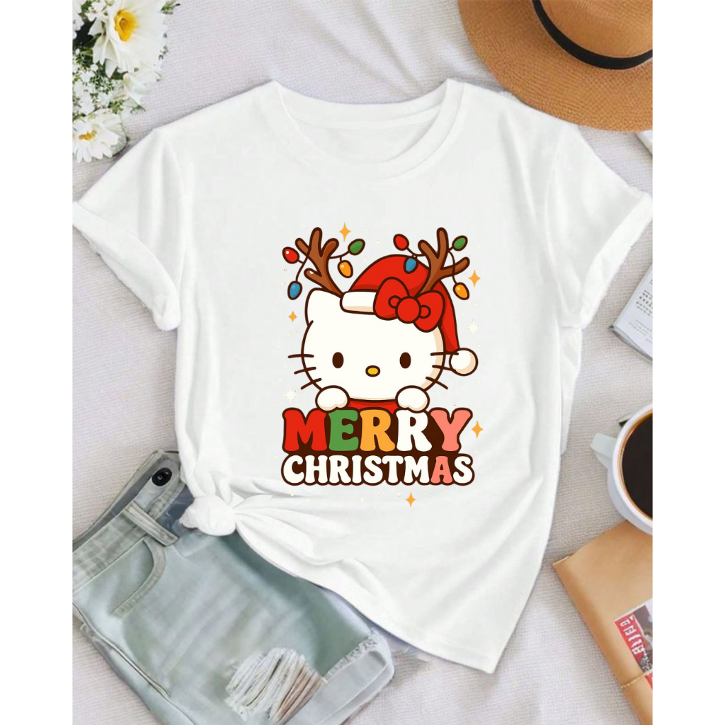 Camiseta Tshirt Feminina de natal adulto e infantil Hello Kitty 100% algodão gola redonda Tal mãe tal filha