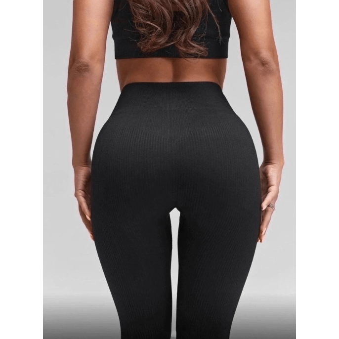 Calça Legging Push Up Canelada de Cintura Alta Sem Costura para Academia Feminina Esportiva sem Costura