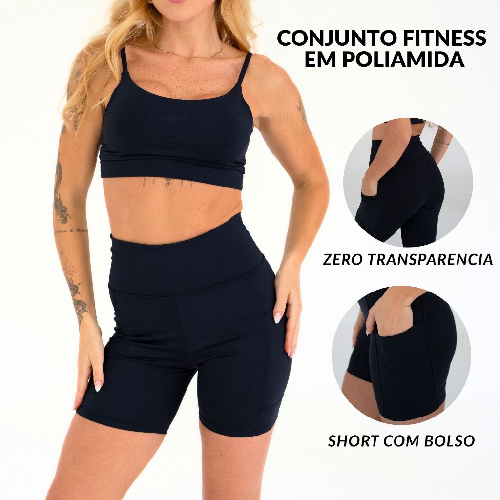 Conjunto Fitness Feminino Top e Short | com Bolso | Poliamida Costura Reforçada | Não marca | Zero transparência