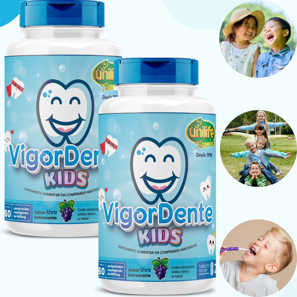 Cálcio Infantil Kids 120 Comprimidos Mastigável Vigordente Suplemento com Magnésio Sabor Uva Unilife