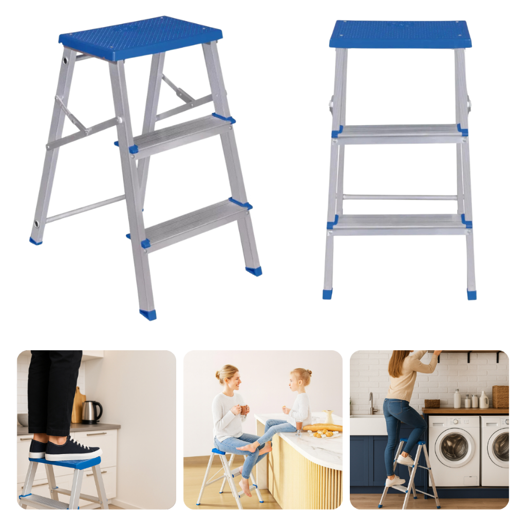 Escada Banqueta De Alumínio Dobrável Mor Cor Azul 3 Degraus + Patamar Com Trava De Segurança