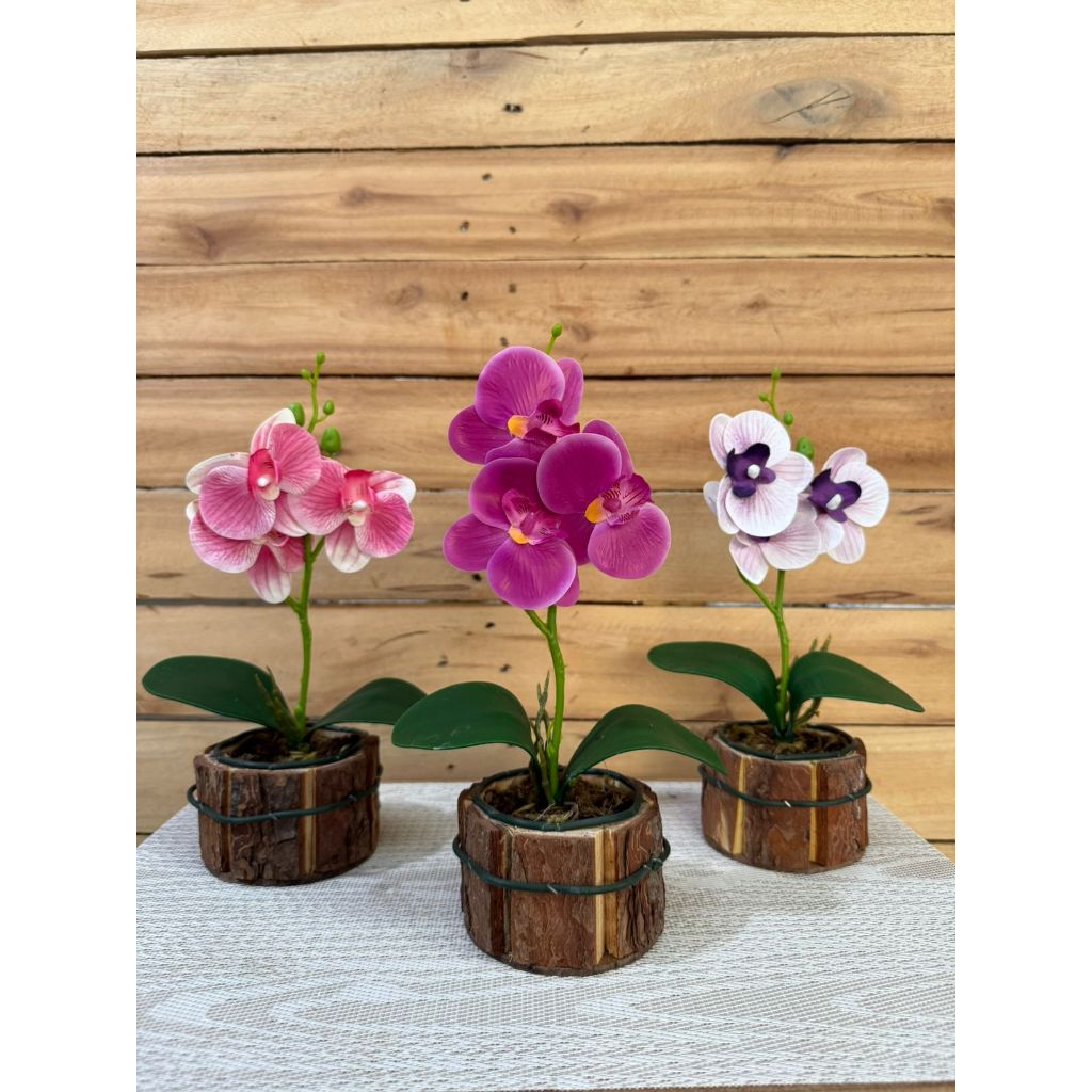 Kit tres Arranjos Orquideas Mini Planta Artificial Decorativo Vaso madeira