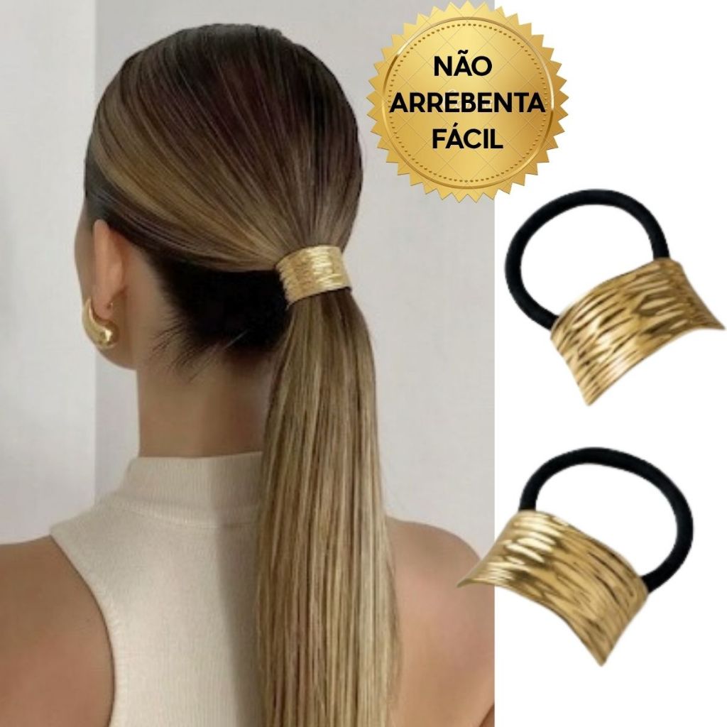 Kit 1/2 Rabicó Xuxinha de Cabelo com Detalhe em Metal Dourado ou Prata - Elástico Forte Feminino em Oferta na Shopee