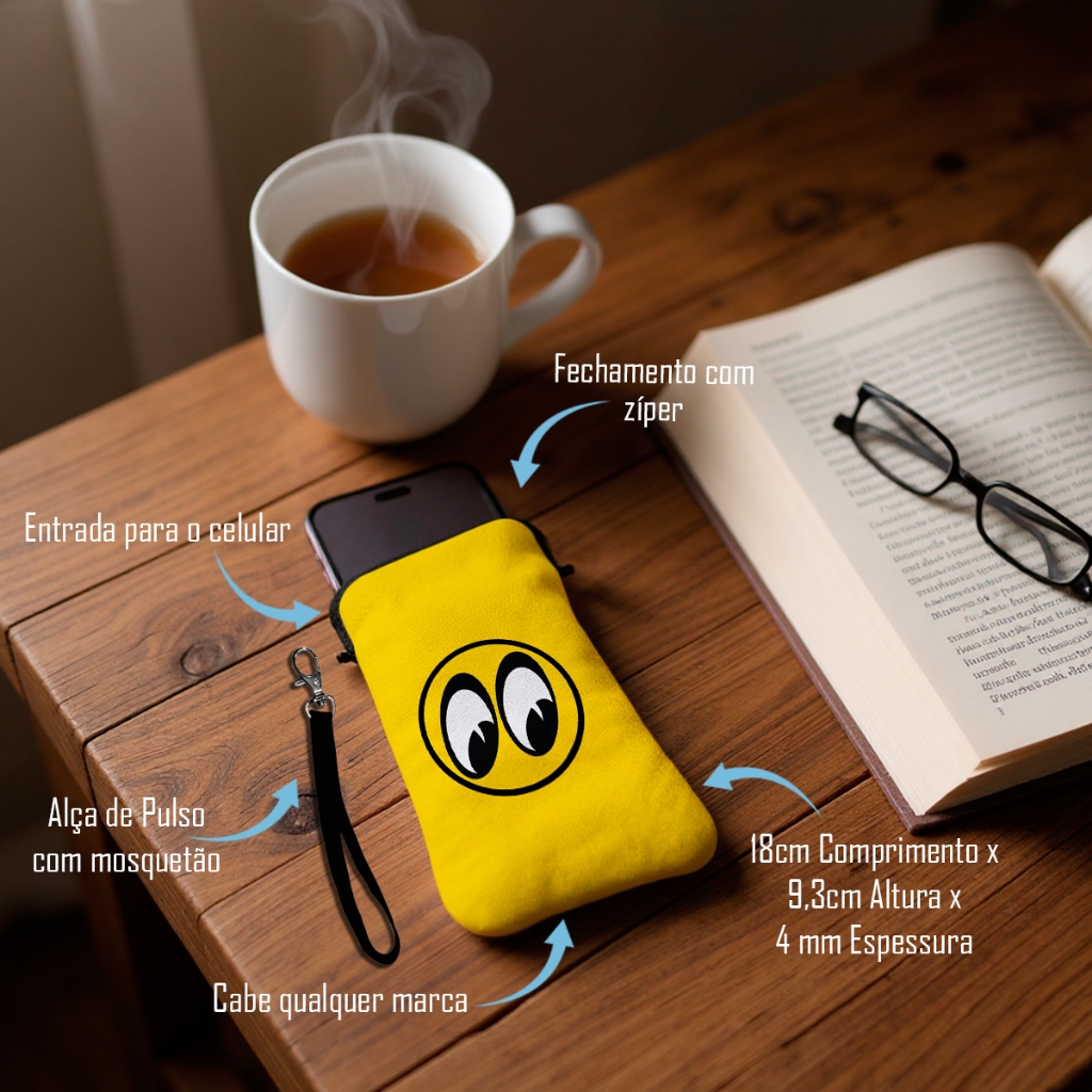 Bolsa Case para Celular com Zíper Emoji Olhos Baixo Amarelo