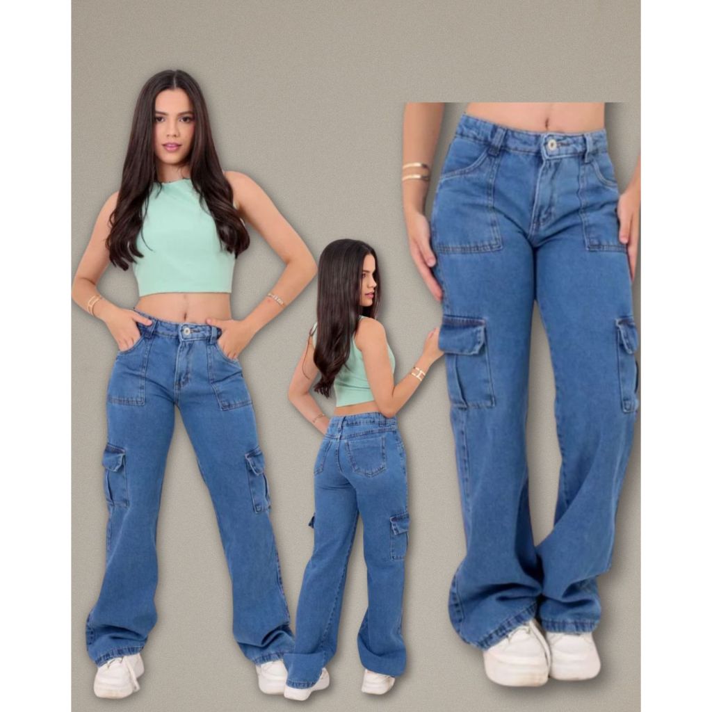 Luz Moda Infantil - Primavera Verão - Calça Jeans Wide Leg Pantalona Cargo Y2k Clara e Escura Criança Adolescente Menina