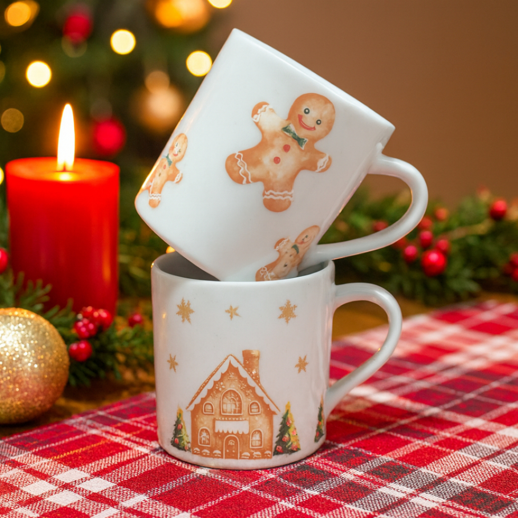 Jogo 2 Canecas de Porcelana 280ml Natal Charmosas Presente Criativo Mesa Posta Decoração