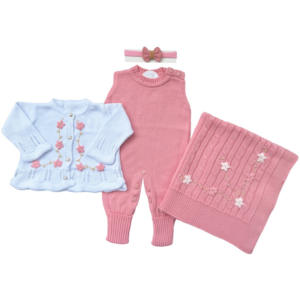 Conjunto Saida Maternidade RN Menina Completa kit 4 peças com detalhes bordado a mão em Oferta na Shopee