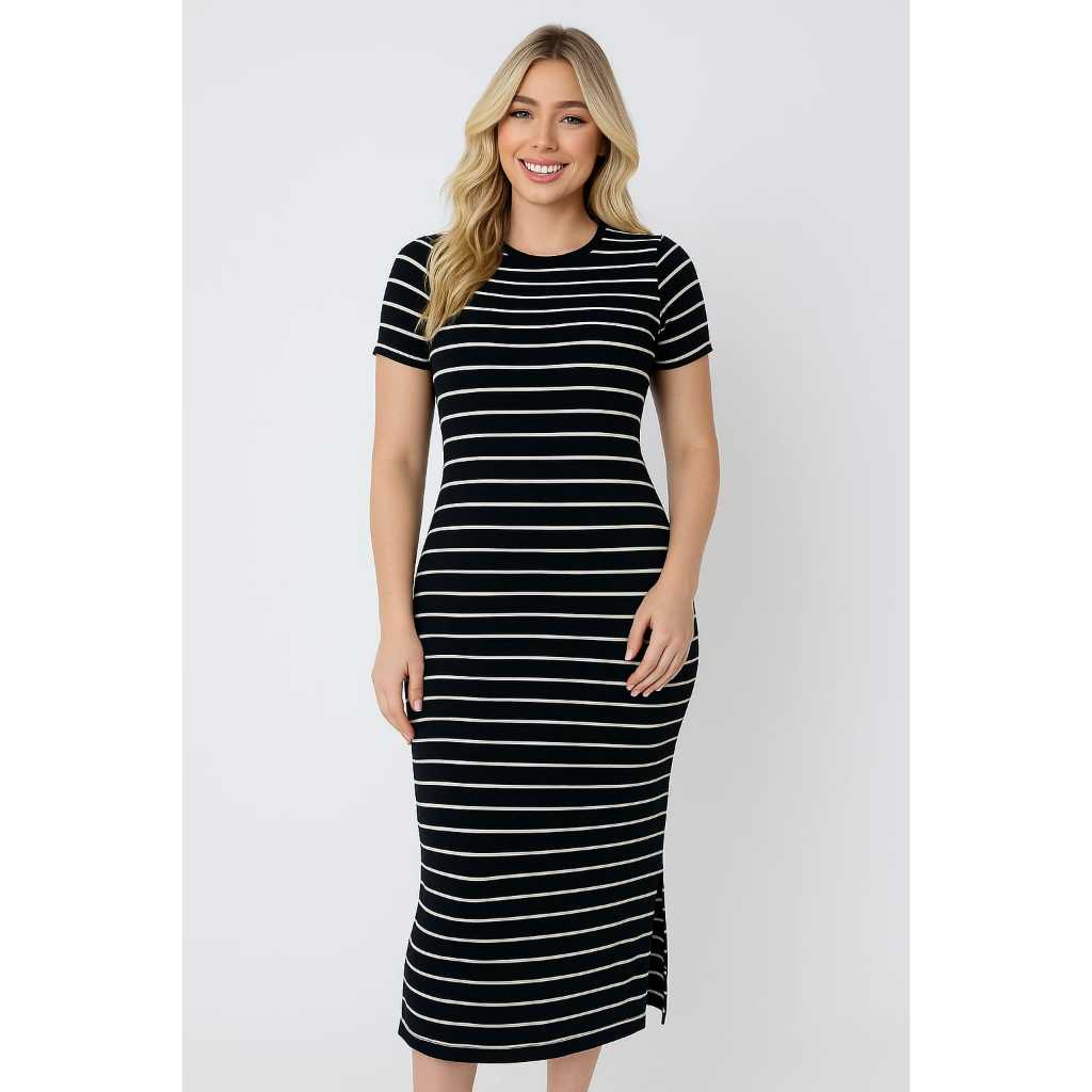 Vestido Midi Feminino no viscolaycra  Listrado com Fenda Lateral em Oferta na Shopee