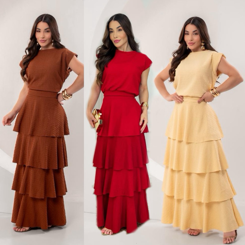 Conjunto Feminino Blusa Gola Careca e Saia Longa com Babado Três Marias Moda Evangélica