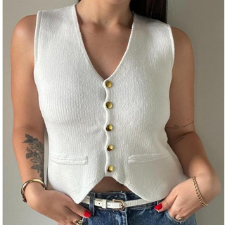 Colete Tricot Modal Feminino Alfaiataria Curto Com Botões Tendência em Oferta na Shopee