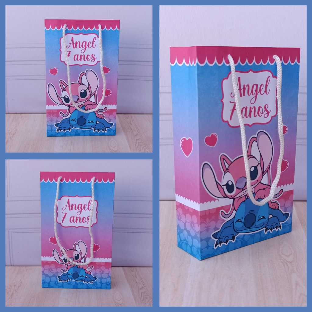 SACOLINHA PERSONALIZADA LEMBRANCINHA PERSONALIZADOS STITCH ANGEL PEGUE E MONTE NOME E IDADE