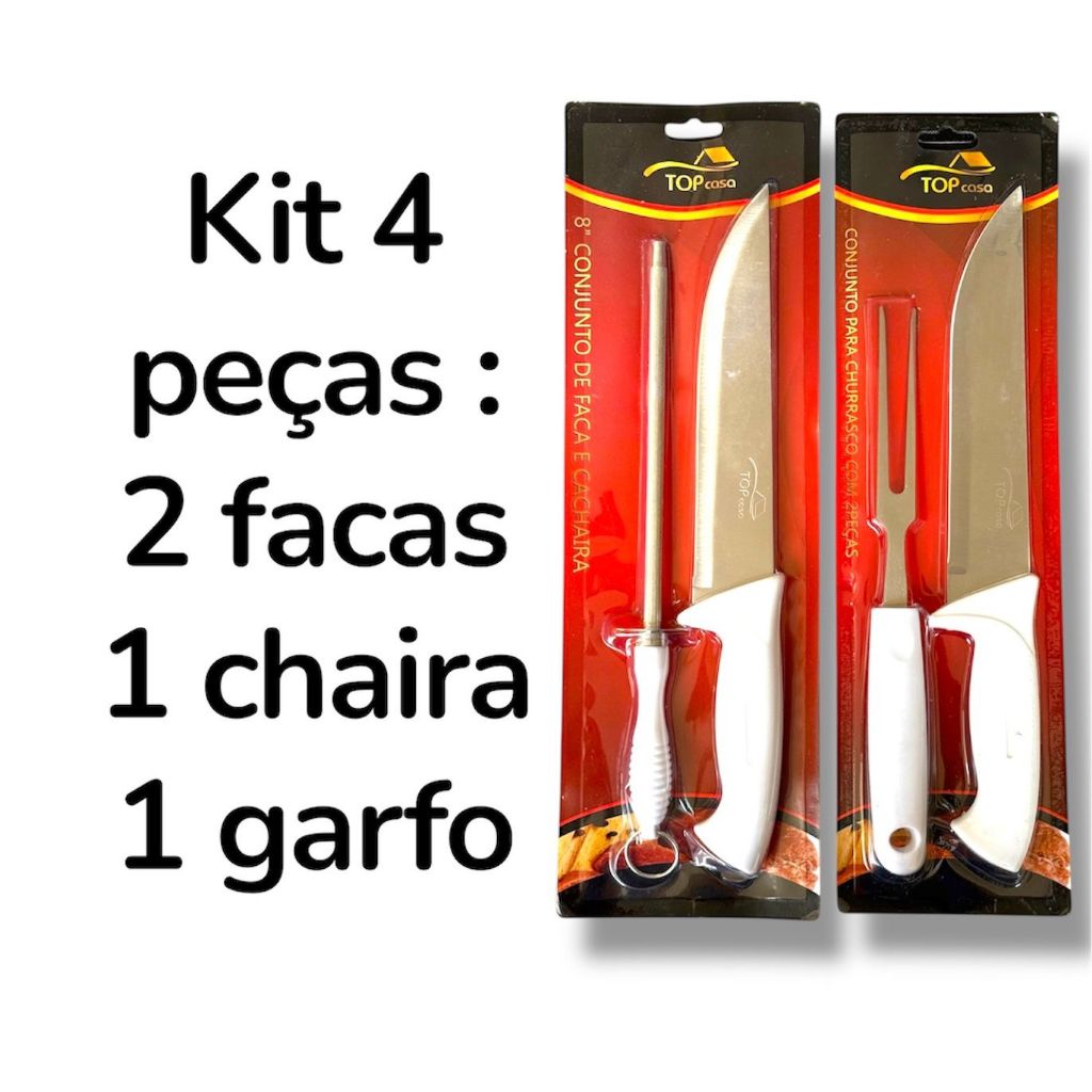 Kit 4 Peças Churrasco Faca Açougueiro Chaira Amolador Afiador Carnes Legumes Aço Inox Assador Profissional, Faca Cozinha