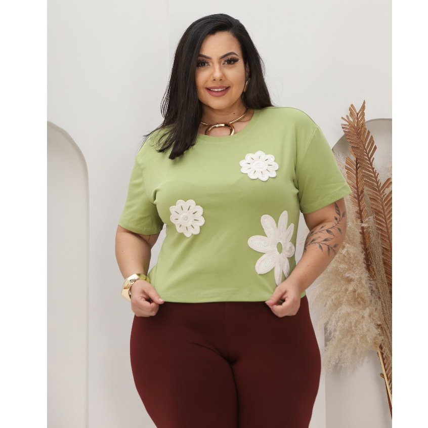 Blusa Plus Feminina T-Shirt Camiseta Malha Algodão Flor Casual Moda Verão 3RD SD1567