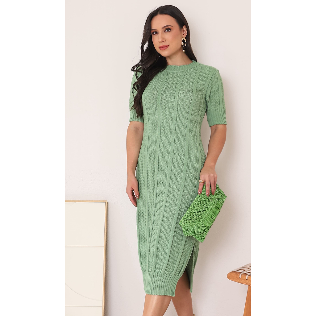 Vestido Feminino Moda Evangelica Midi Tricot Gola Redonda Modesto e Moderno Verão 2026 em Oferta na Shopee
