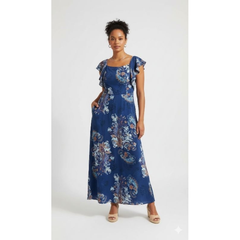 Vestido Longo Manga Morcego Estampado Decote Nas Costas Azul  tam.P Dress Tô