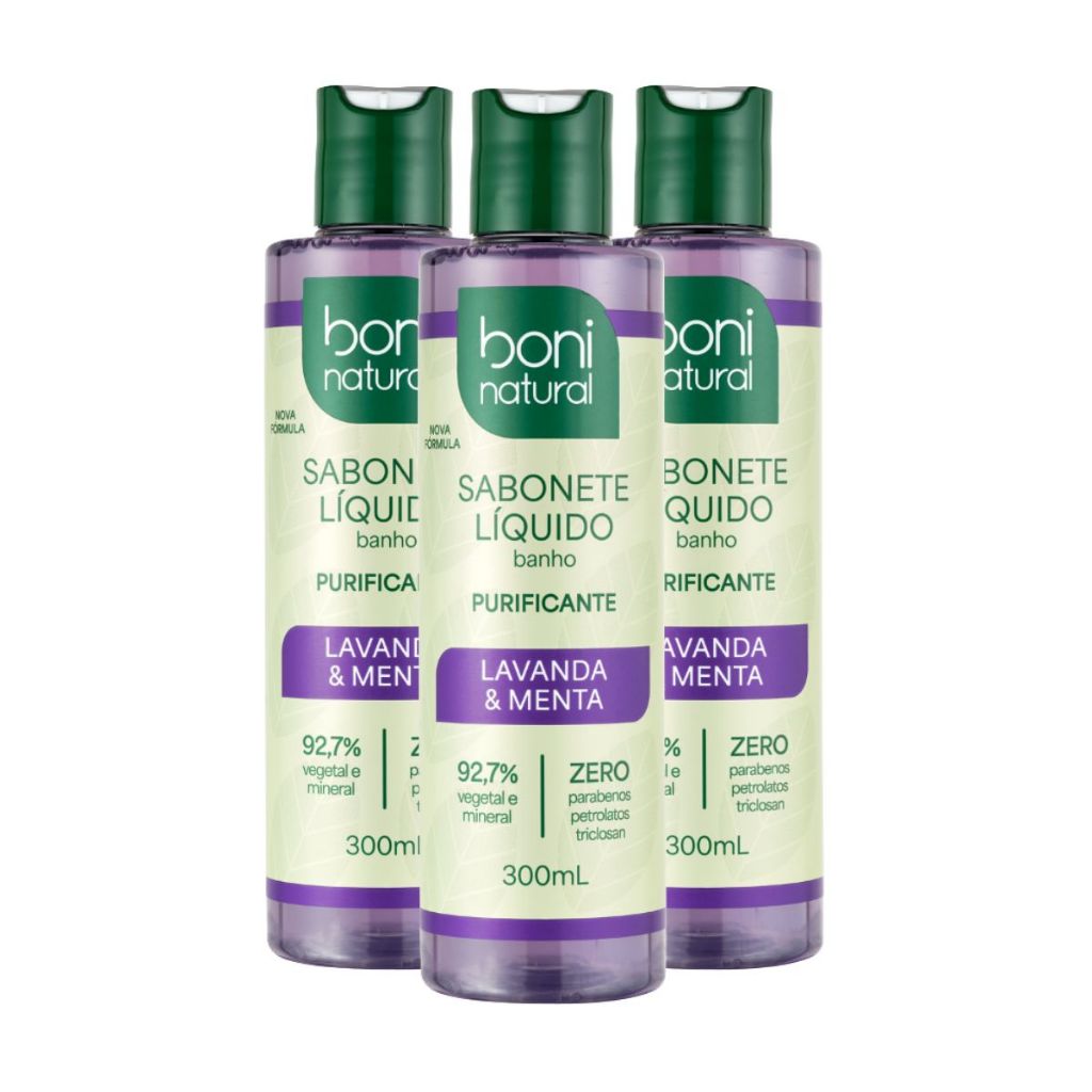 Kit 3 Sabonete Liquido Vegano Lavanda e Menta 300ml - Boni Natural