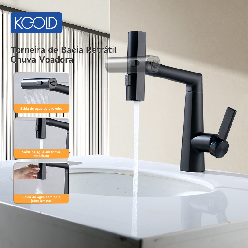 Torneira Retrátil 360° KGOLD Monocomando Preto Luxo Com Água Quente e Fria