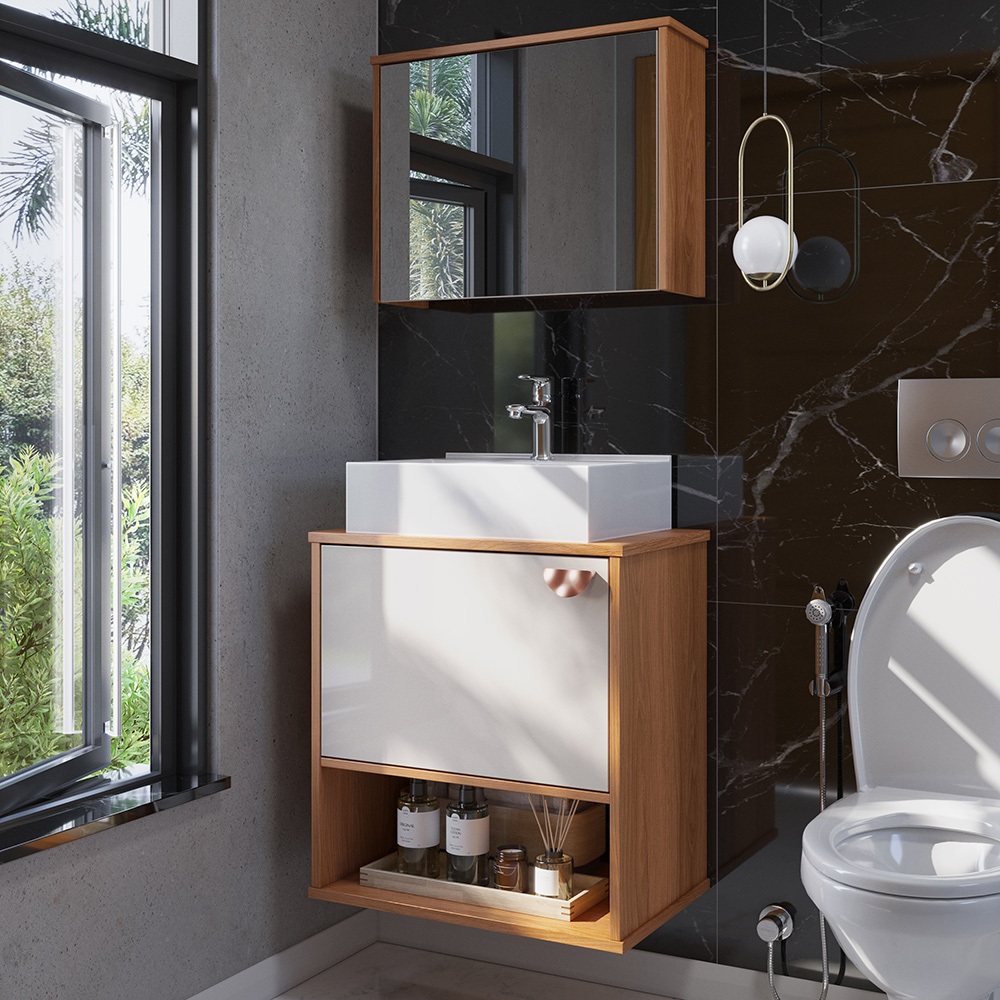 GABINETE BANHEIRO COM ESPELHEIRA LOTUS MOVELOVE – 2 PORTAS, CUBA, COMPACTO E FUNCIONAL