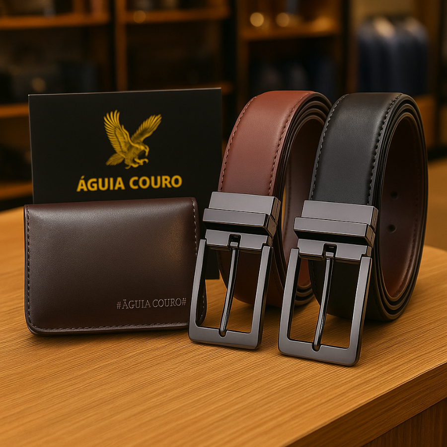 Kit Carteira Masculina Couro Legítimo + Cinto Dupla Face Social Premium Presente Natal