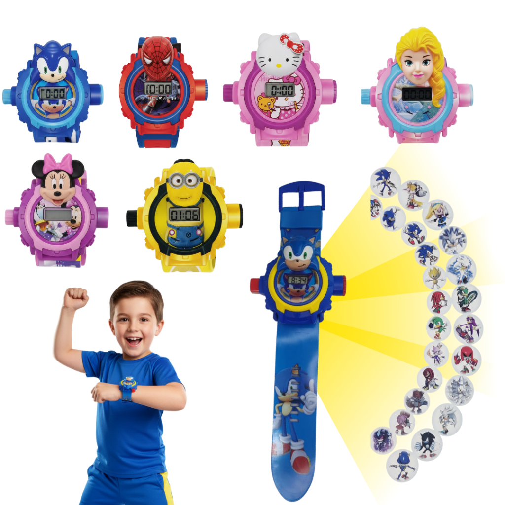 Relógio Infantil Projetor de Imagens 24 Digital Homem aranha Minnie Sonic