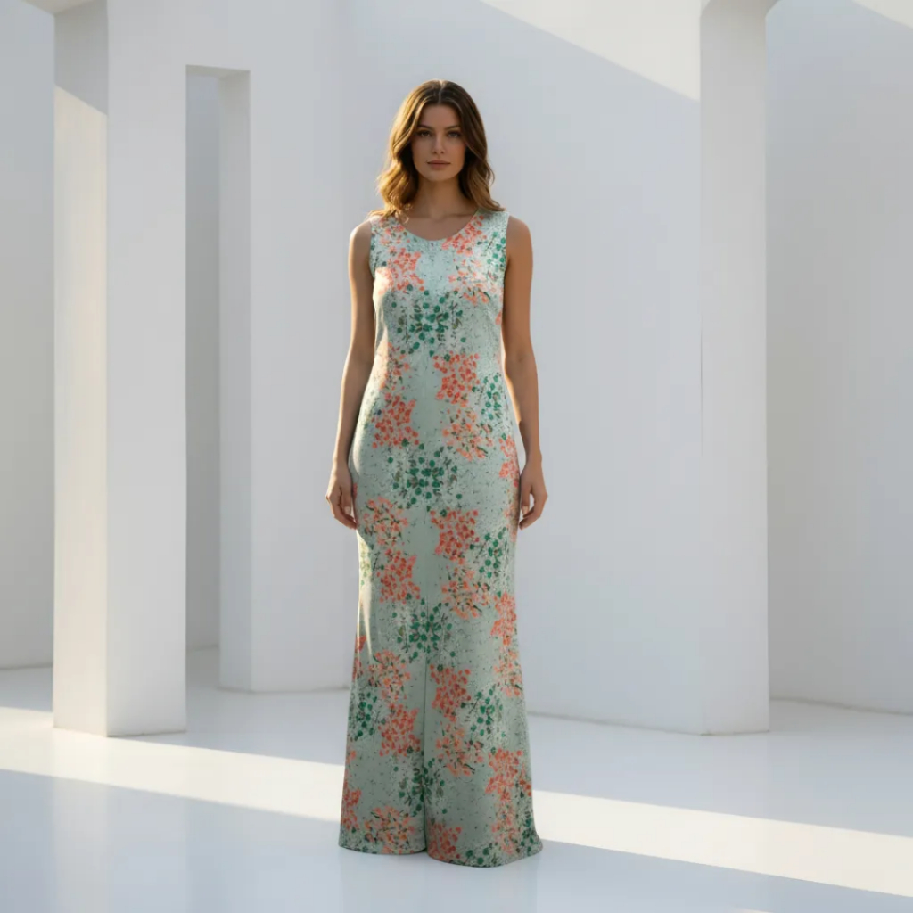 Vestido Longo Floral Verde Feminino Casual Verão Estampado Confortável Tecido Leve Elegante Estilo Moderno