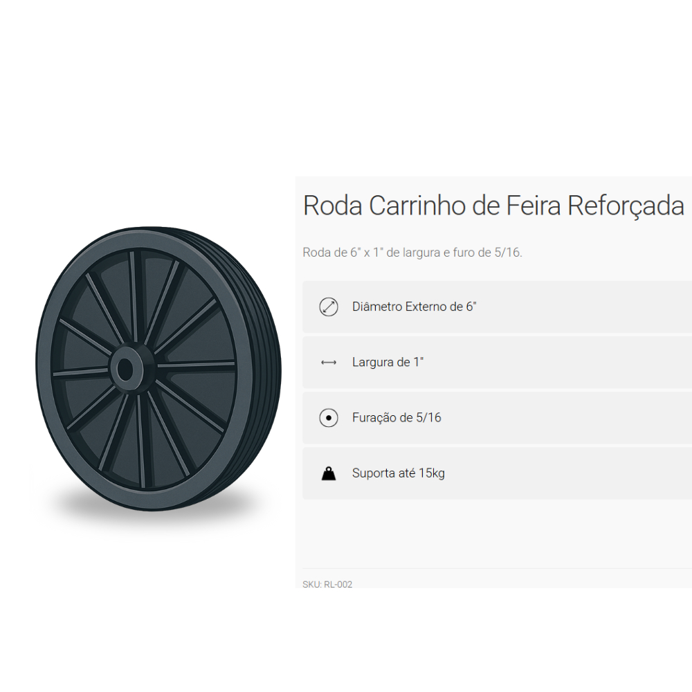 Kit 2 Rodas para Carrinho de Feira Fechado 16 cm de Plástico Preto Até 30 kg Par de Rodinhas Kaori