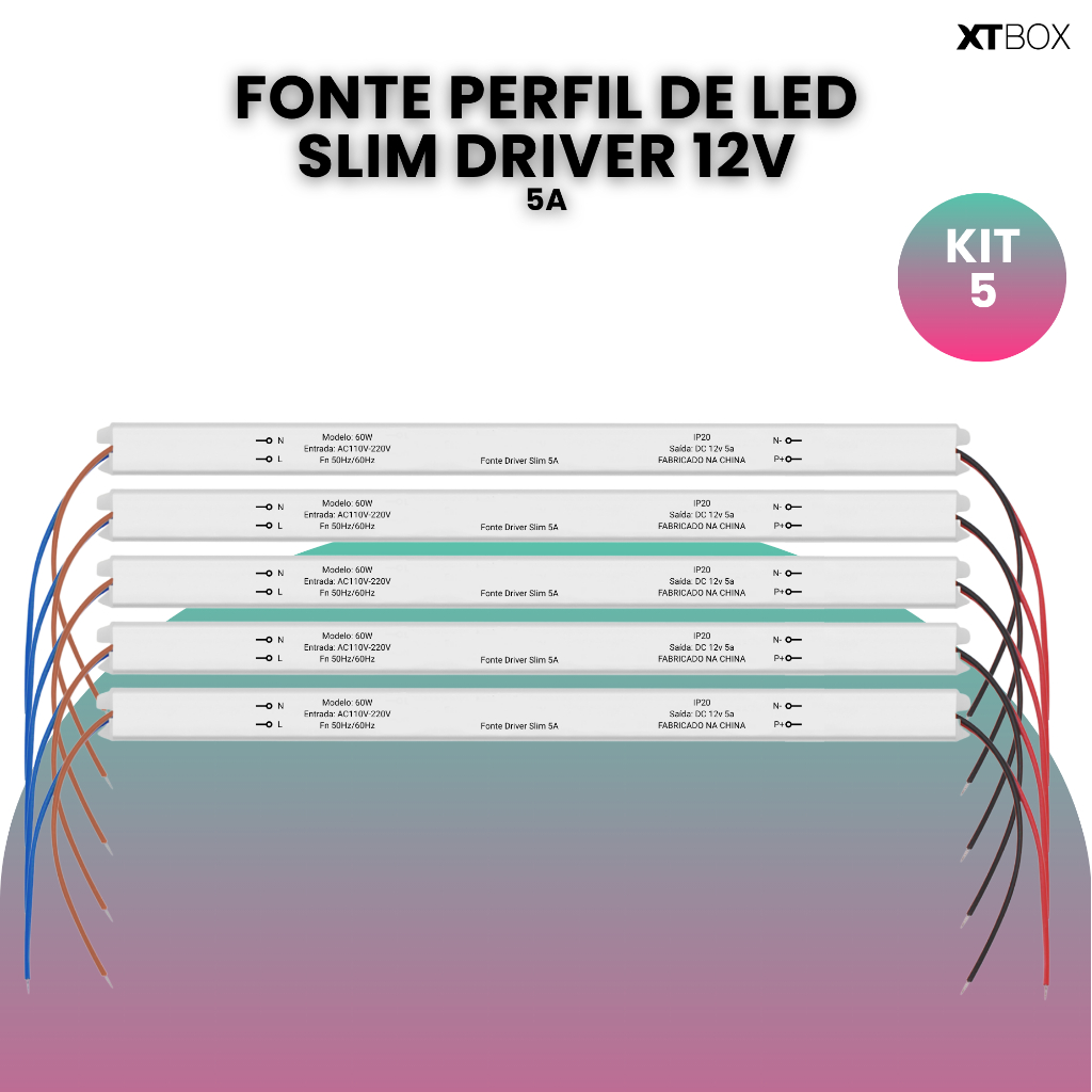 Kit 5 Fonte Driver 12v 5a 60w Slim Para Perfil Fita De Led em Oferta na Shopee