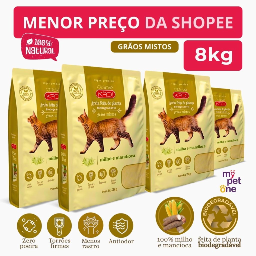Kit 4 Areia Biodegradável Kadi Grãos Mistos - 2Kg
