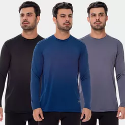 3 Camisas UV Masculina Manga Longa Térmica Segunda Pele Proteção Solar Casual Verão Academia