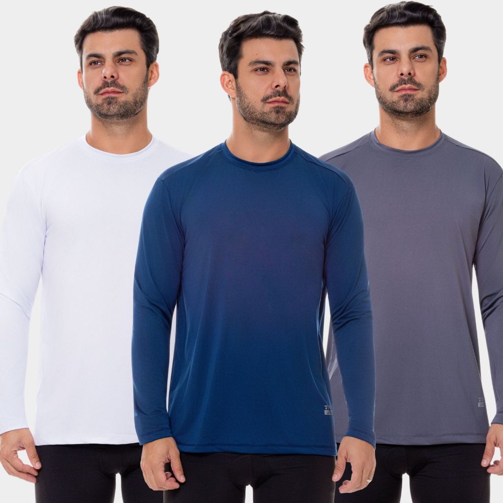 Kit 3 Camisas Masculina Manga Longa Proteção Solar Uv Térmica Segunda Pele Verão