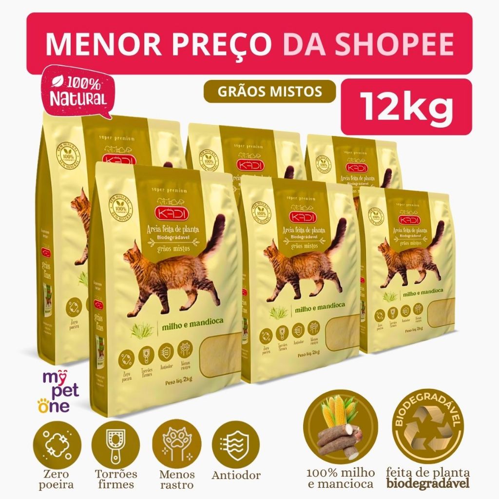 Kit 6 Areia Biodegradável Kadi Grãos Mistos - 2Kg