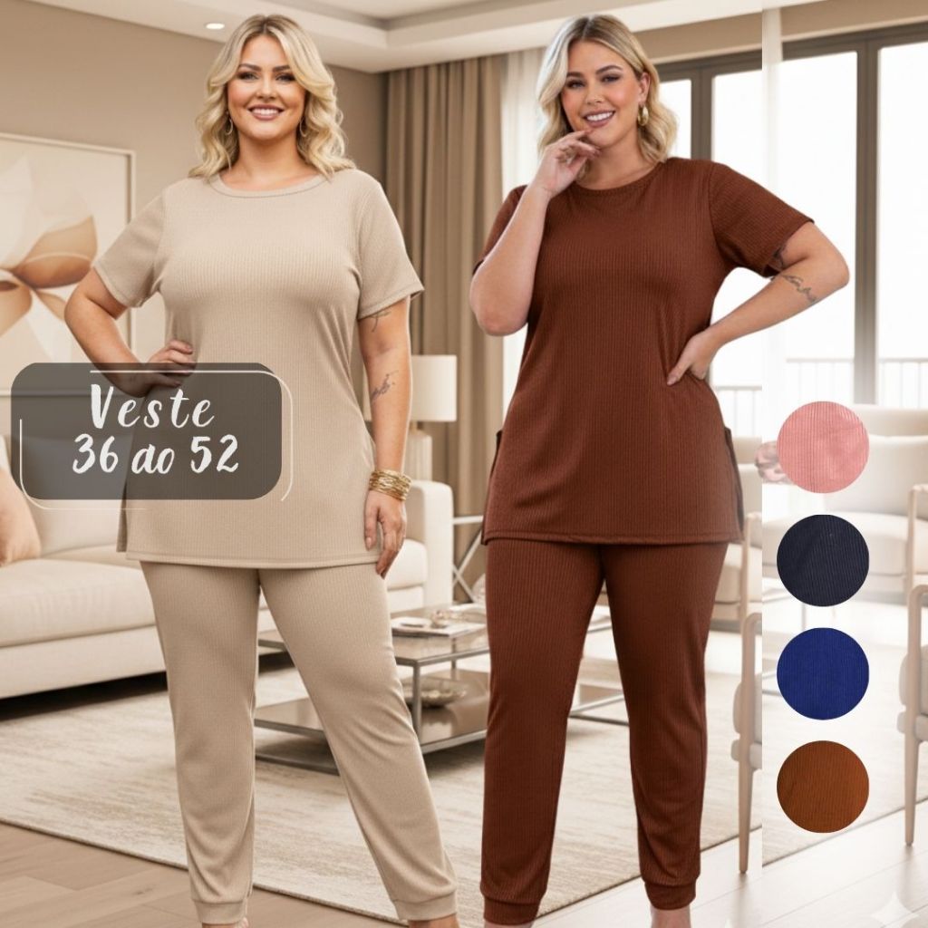 Kit 2 Conjunto Feminino Malha Luxo Plus Curve Blusa Manga Curta + Calça Justa Estilo Moda em Oferta na Shopee