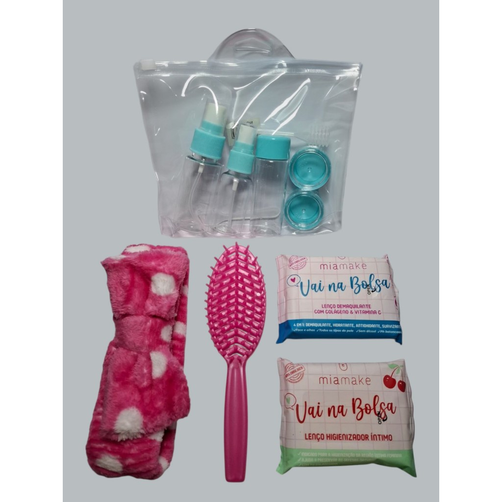 Kit Viagem 12 Peças Higiene Pessoal Shampoo Creme Hidratante Frasco  Tiara Escova Lenço Umidecido