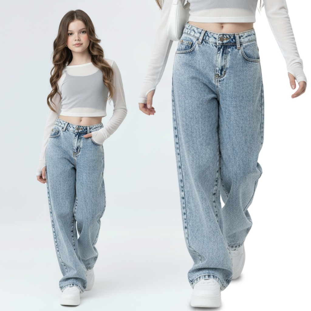 Calça Jeans Wide Leg Marmorizada Meninas Estilosa Blogueirinha com Ajuste na Cintura Pantalona em Oferta na Shopee