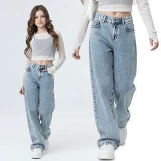 Calça Jeans Wide Leg Marmorizada Meninas Estilosa Blogueirinha com Ajuste na Cintura Pantalona em Oferta na Shopee
