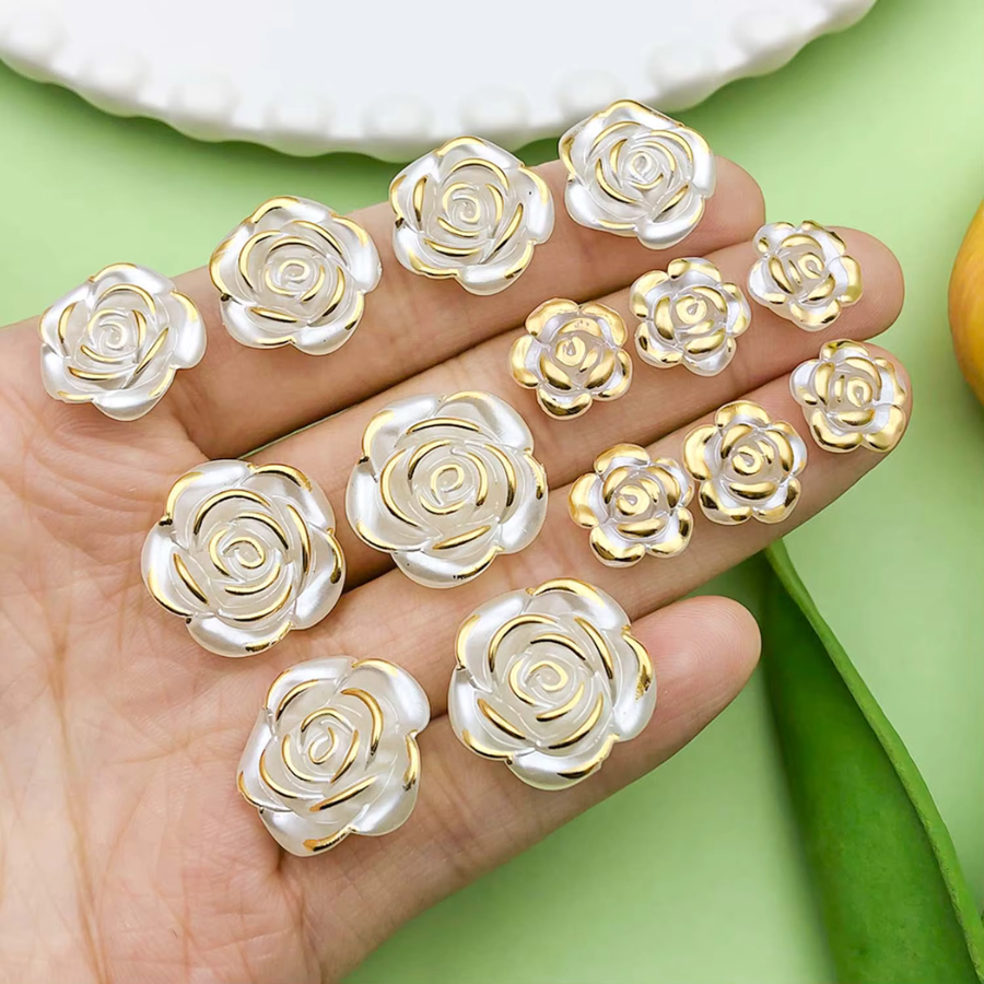 Rosa Perolada 14mm e 16mm Fracionado Passante com Detalhes Dourados | Contas para Bijuterias | Materiais para Artesanato