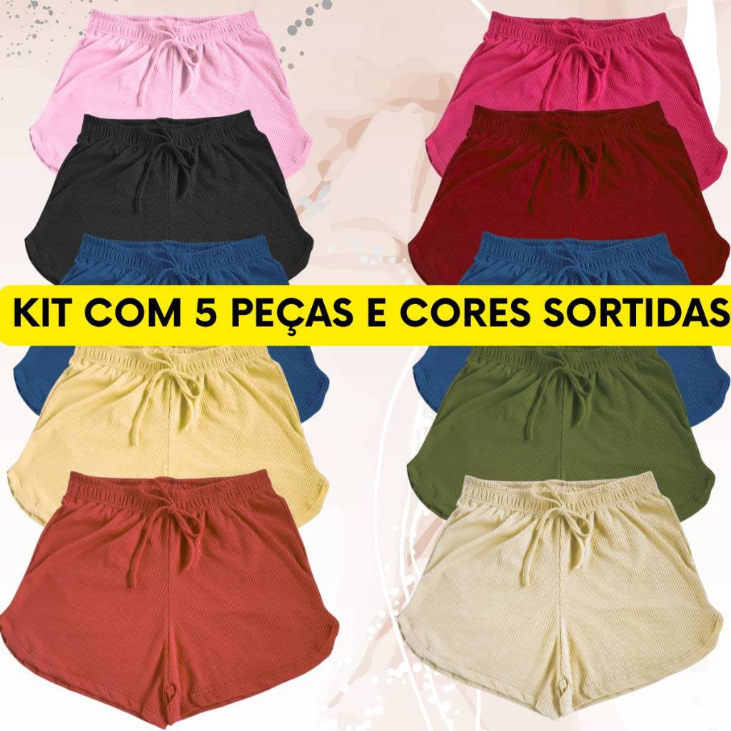 Kit Com 5 Shorts Molinho Malha Canelada Academia Plus Size Promoção