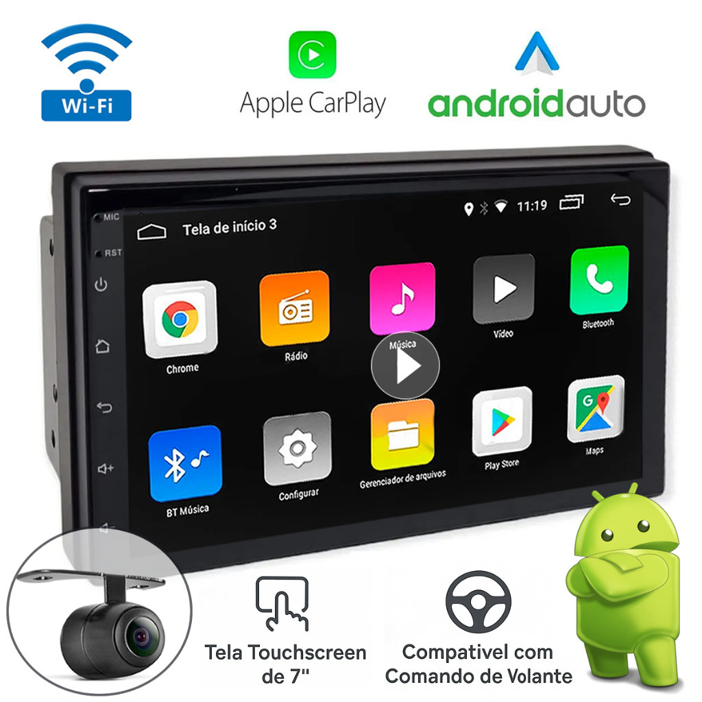Central Multimídia Android Auto Carplay 7" polegadas Wifi Gps Mp5 Universal + Câmera de Ré
