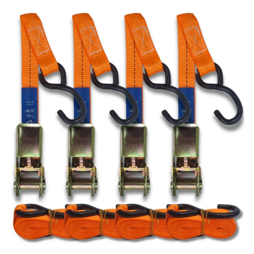 Conjunto 4 Cinta e Catraca 3m Reforçada 25mm 800kg Para Amarrar Carga Moto Caminhão Jet Ski Barco