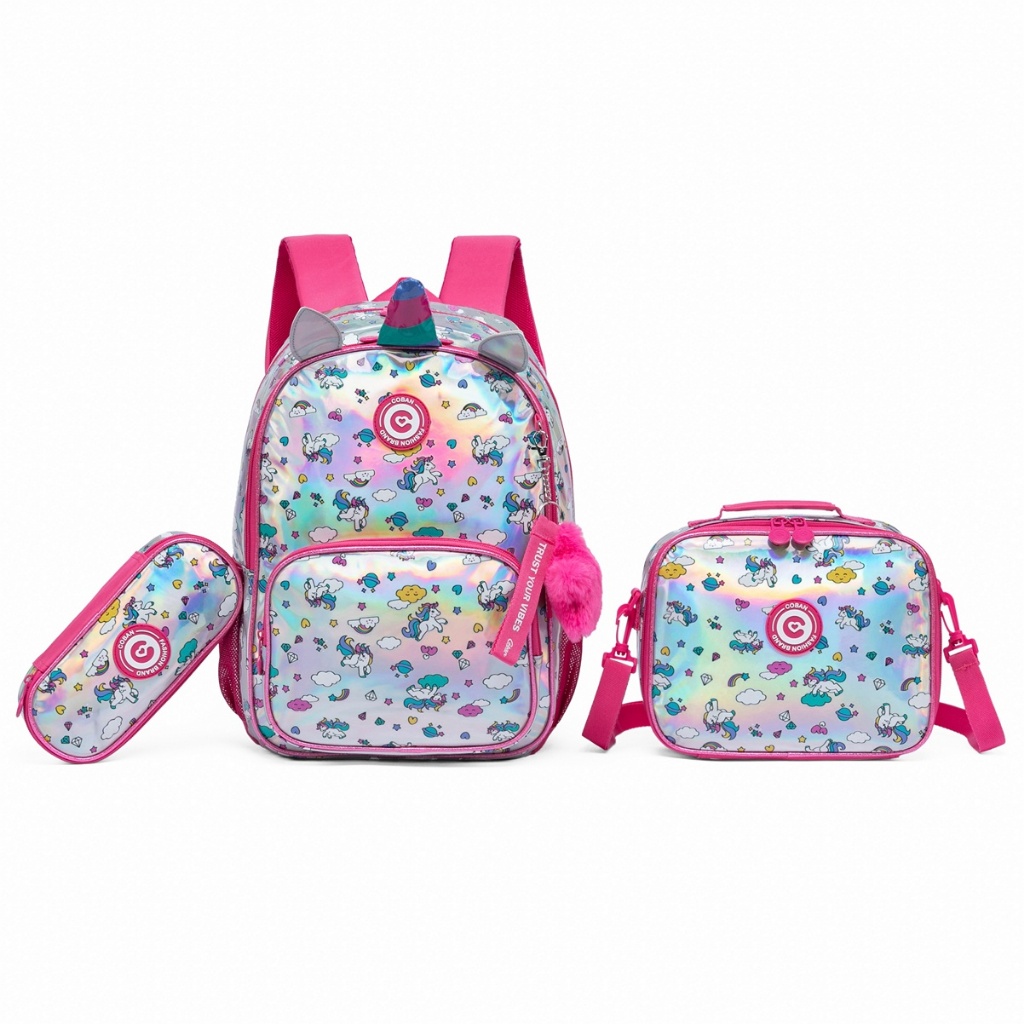 Kit Infantil Mochila Estojo Lancheira Unicornio Escolar Coban Rosa