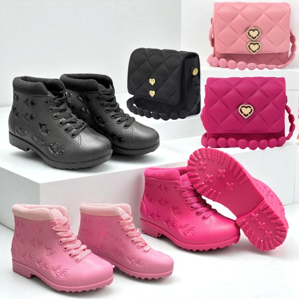 Conjunto Infantil Bota + Bolsinha Coração Feminino | Material Confortável E Impermeável Universo