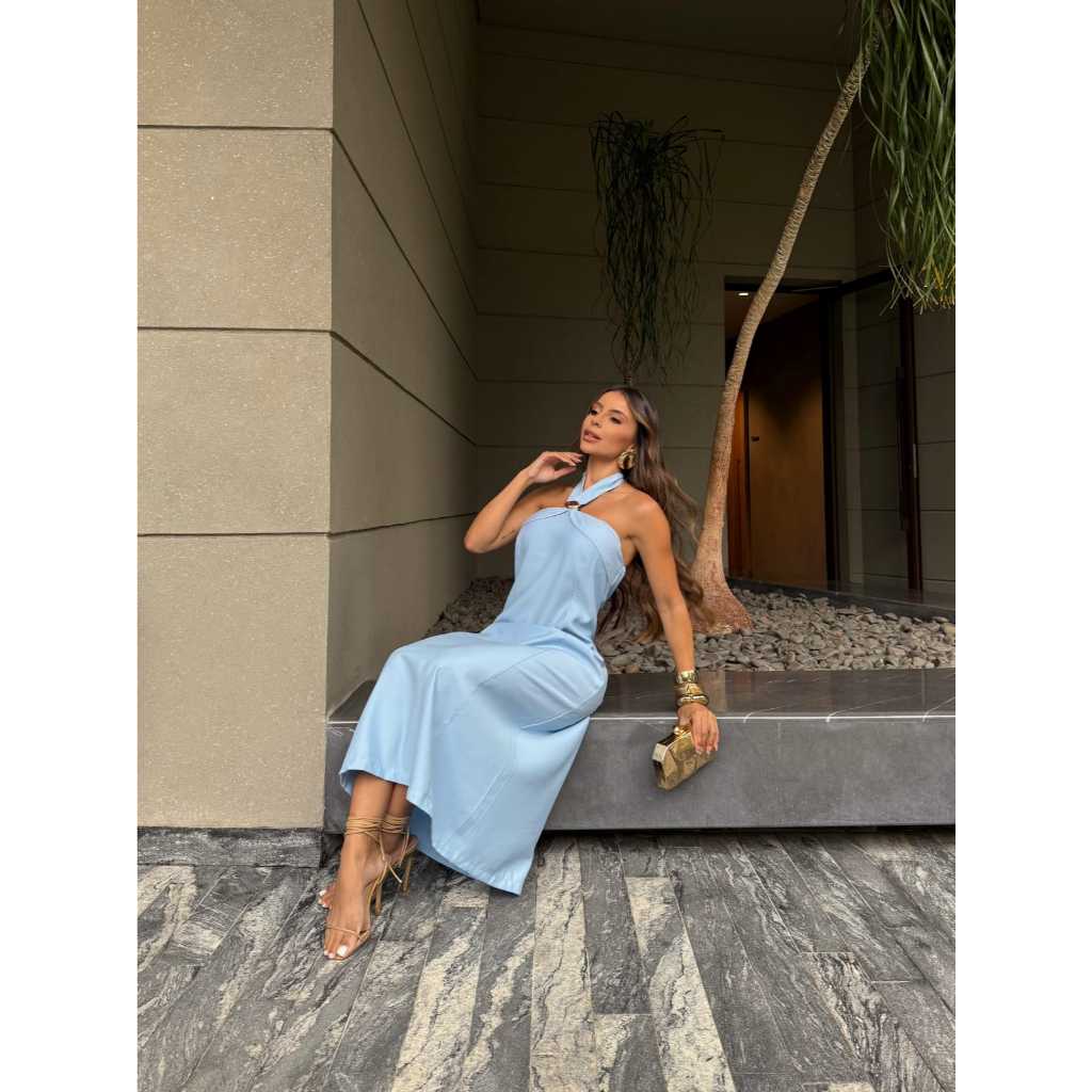 Vestido Feminino Midi Elegante e Casual com Bojo e Gola Hatler com Elastico e Ziper nas Costas, Tecido Sensorial Marrant em Oferta na Shopee