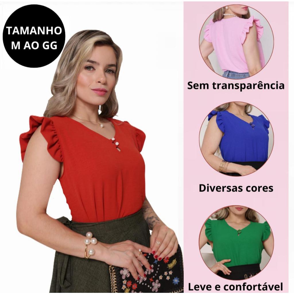 Blusinha Feminina  com Manga Babado Elegante e Botões forrados TECIDO DUNA M-G-GG em Oferta na Shopee