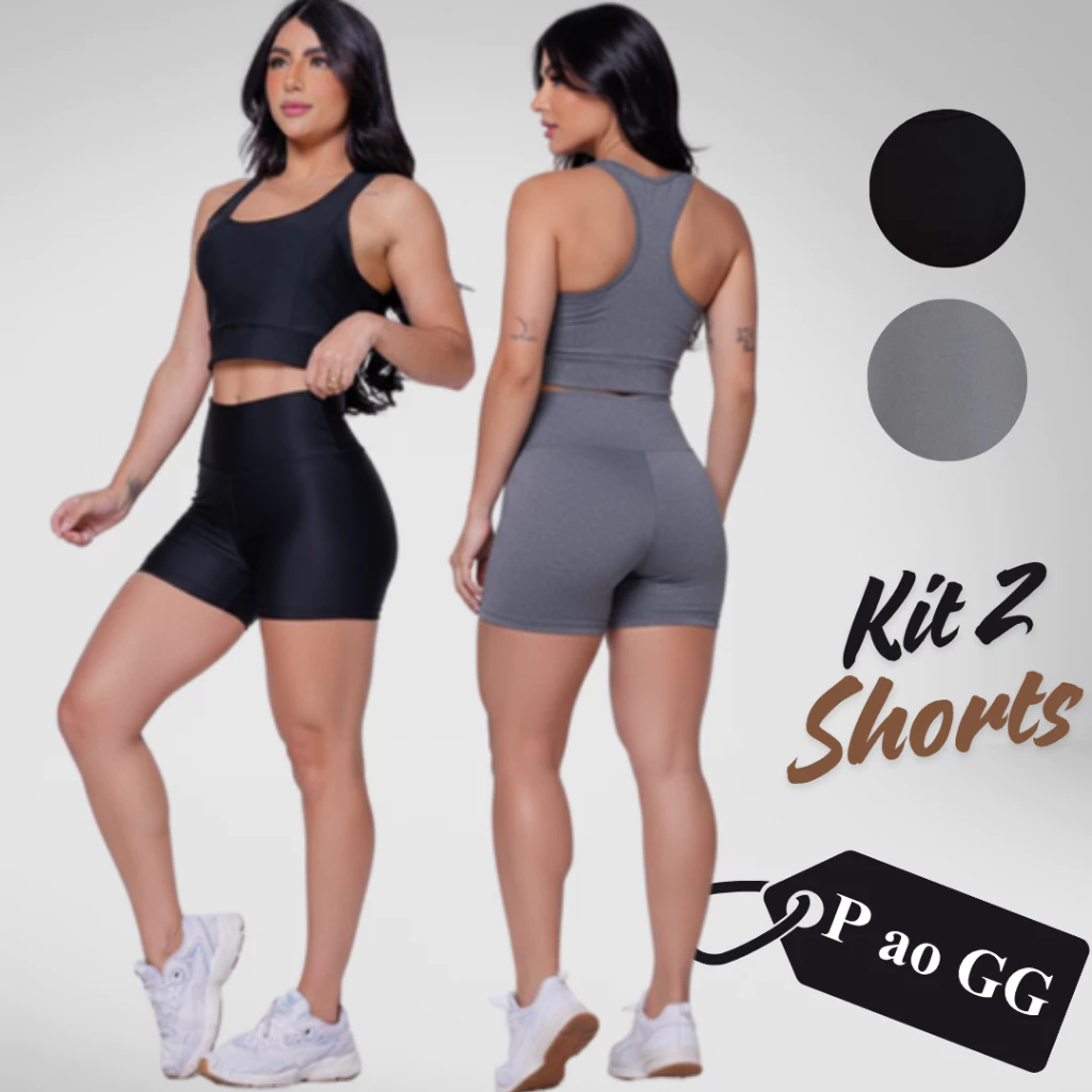 Kit 2 Shorts Legging Feminino Fitness Academia Em Suplex Meia Coxa Liso Cós Alto