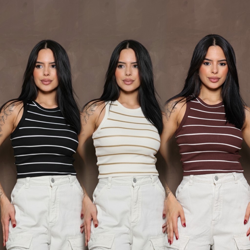 KIT 3 Blusas cropped regata listrado canelado - Ribana algodão / Moda Feminina