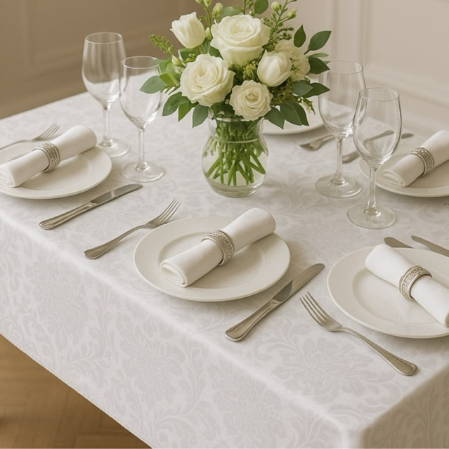 Toalha de Mesa Jacquard Requinte Clássico – Branco Perolado | 4, 6 ou 8 Lugares em Oferta na Shopee