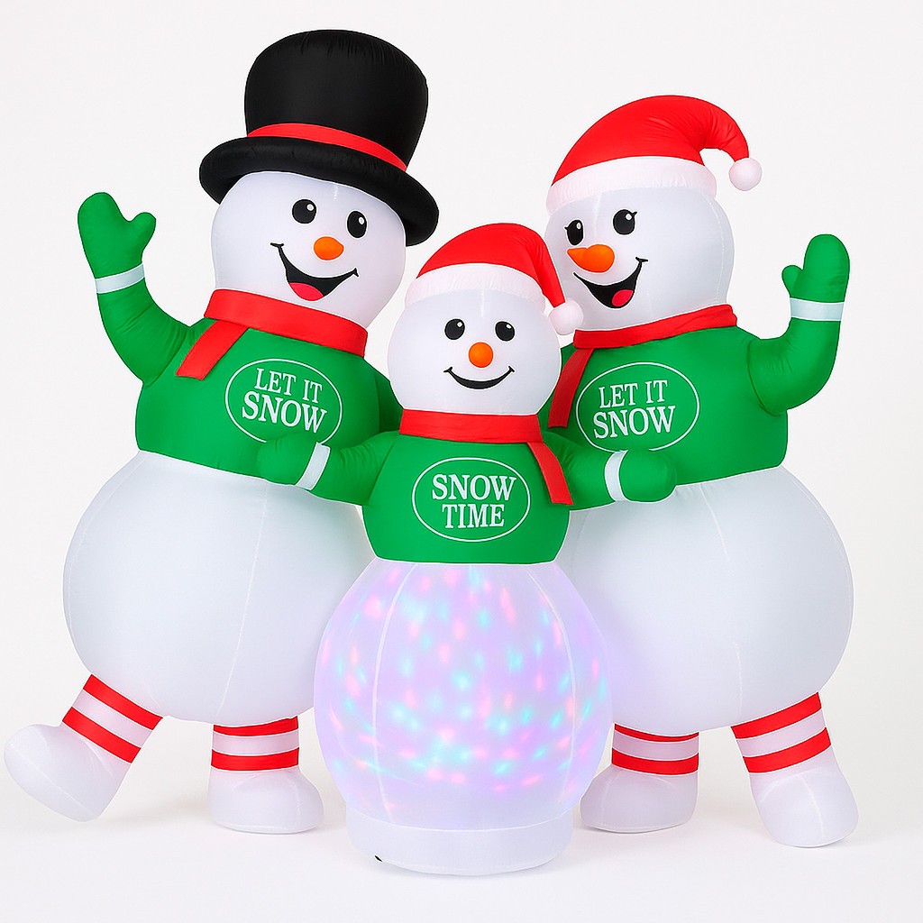 Trio Boneco de Neve Inflável Gigante 2,4m Iluminação LED RGB Giratório Bivolt Natal