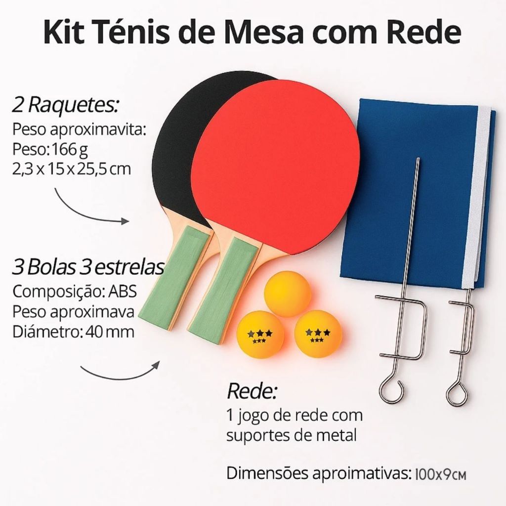 Kit Ping Pong Completo com Rede 2 Raquetes e 3 Bolinhas – Jogo de Tênis de Mesa Infantil e Adulto